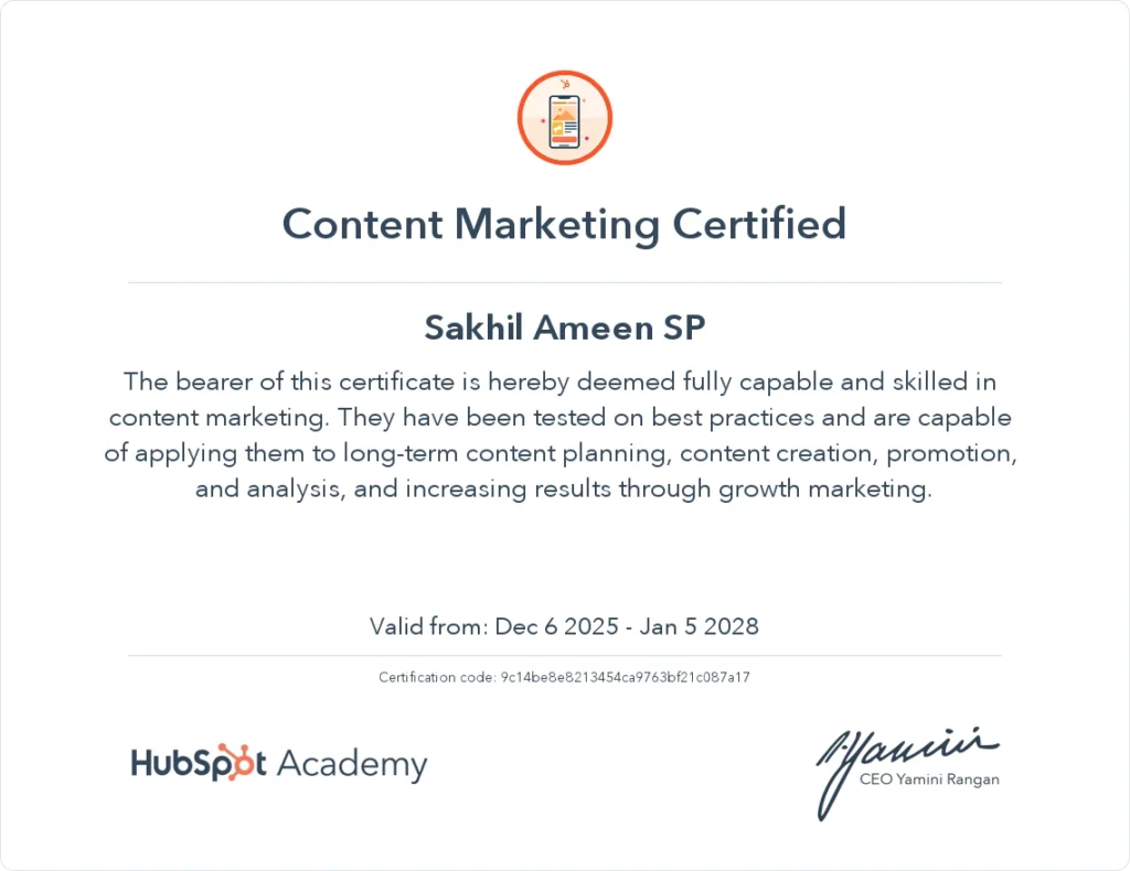 Hubspot Content Marketing Certificate awarded to digital marketing freelancer in Bangalore