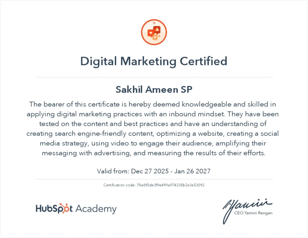 Hubspot Digital Marketing Certificate awarded to digital marketing freelancer in Bangalore