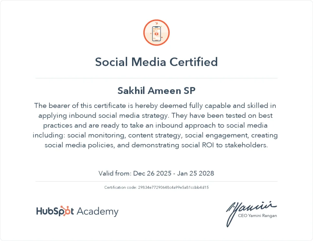 Hubspot Social Media Marketing Certificate awarded to digital marketing freelancer in Bangalore