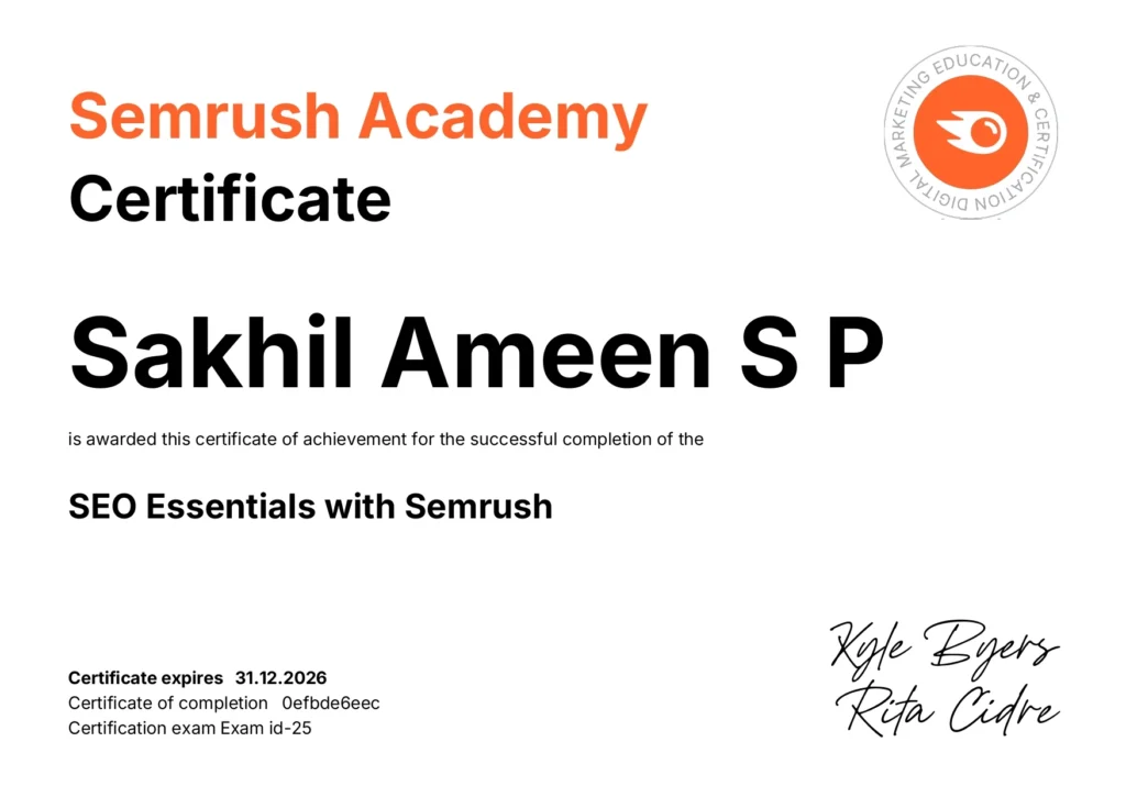 Semrush seo certificate obtained by digital marketing freelancer in bangalore